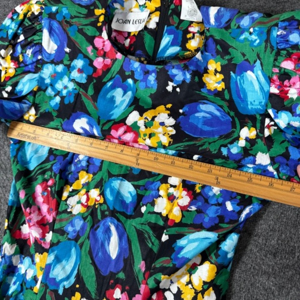Vintage 80s Colorful Floral Cocktail Dress Size 6 Rhinestone Bow Puff Sleeve - Picture 8 of 13